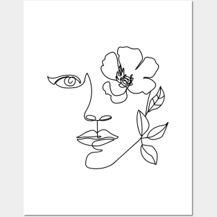 Minimal woman line art. One line woman face with flower. Posters and Art